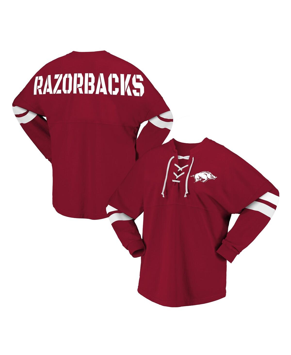 Spirit Jersey Women's Cardinal Arkansas Razorbacks Lace-up V-neck Long Sleeve T-shirt In Red