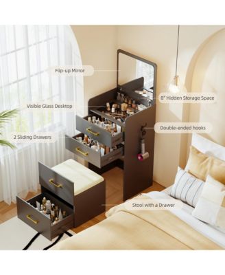 3-in-1 Vanity Desk with Flip Mirror, Glass Top, 3 Drawers