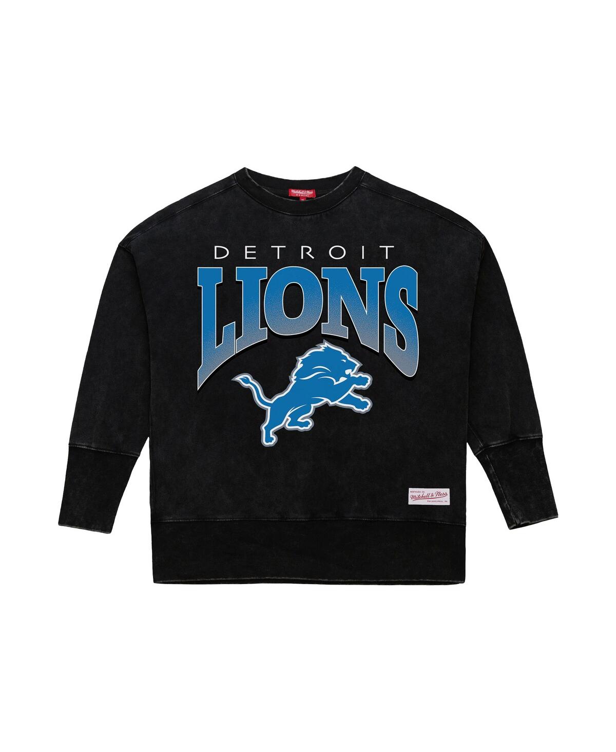 Mitchell & Ness Women's Black Detroit Lions Delineate Mineral Wash Crewneck Sweatshirt In Black