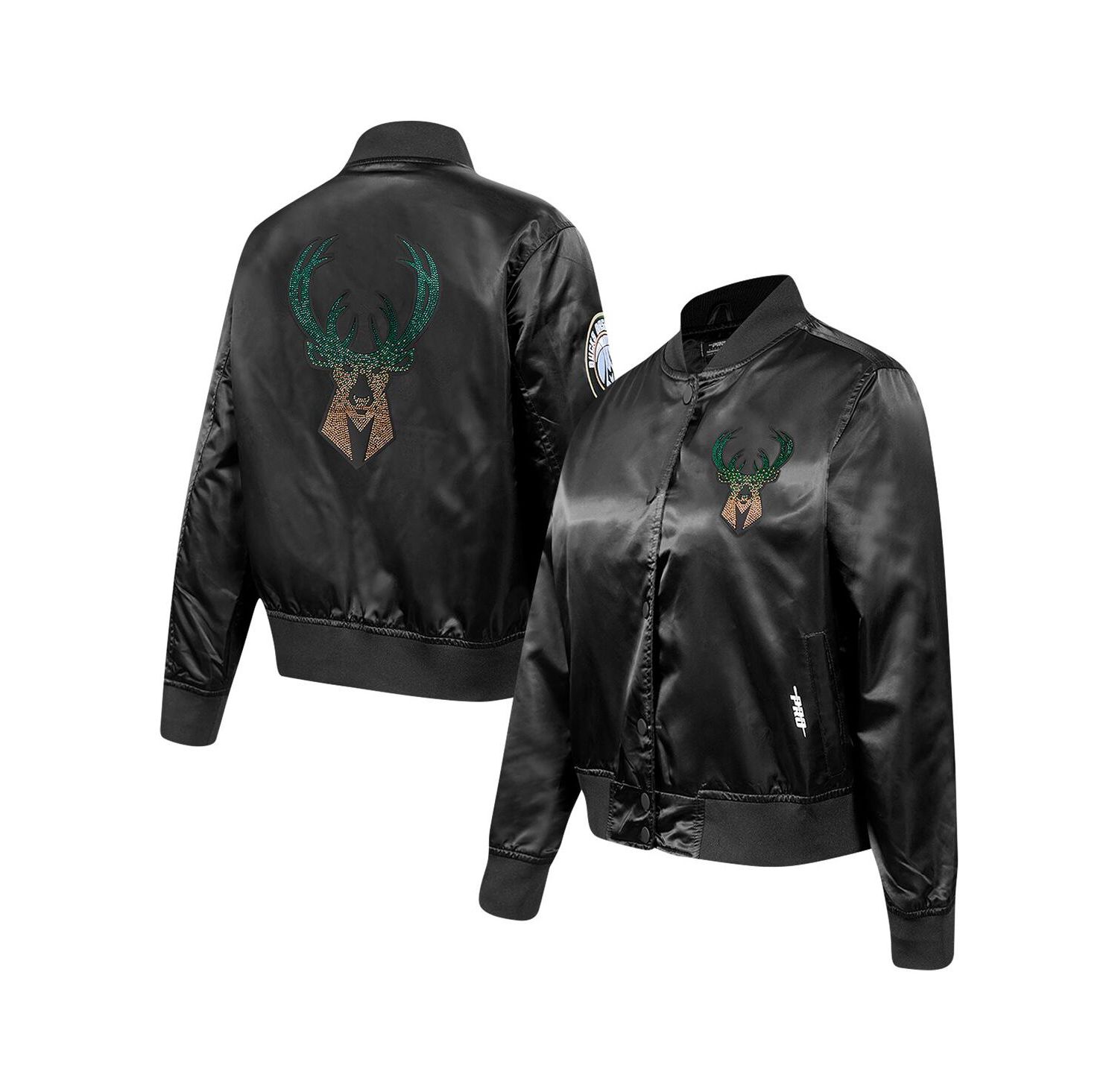 Women's Black Milwaukee Bucks Rhinestone Satin Full-Snap Jacket