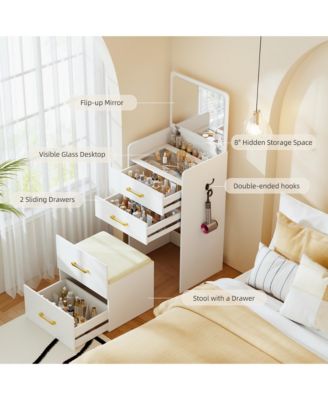 3-in-1 Vanity Desk with Flip Mirror, Glass Top, 3 Drawers