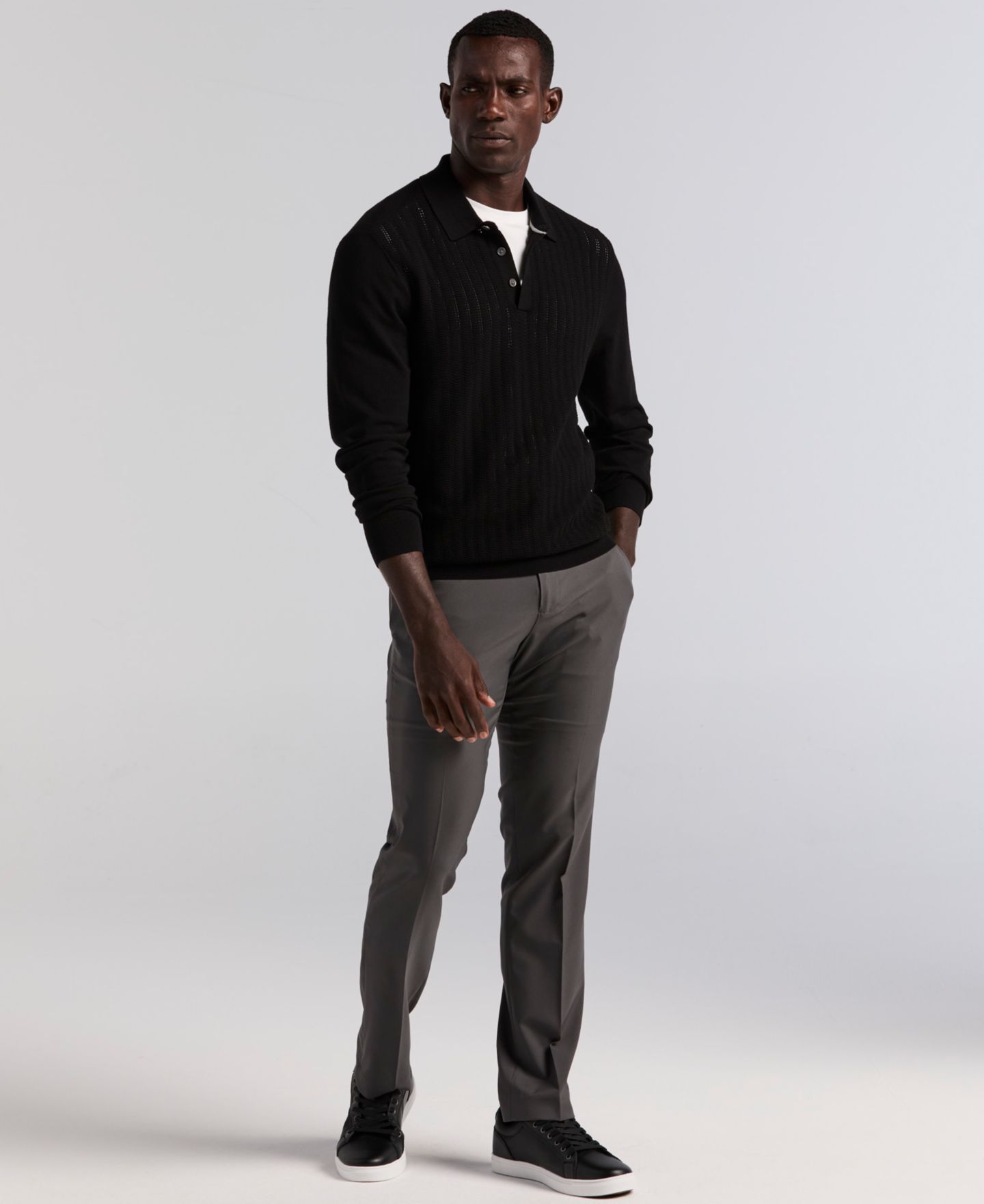Мужской свитер Perry Ellis Textured Front Polo Sweater, цвет: Чёрный — фото 2
