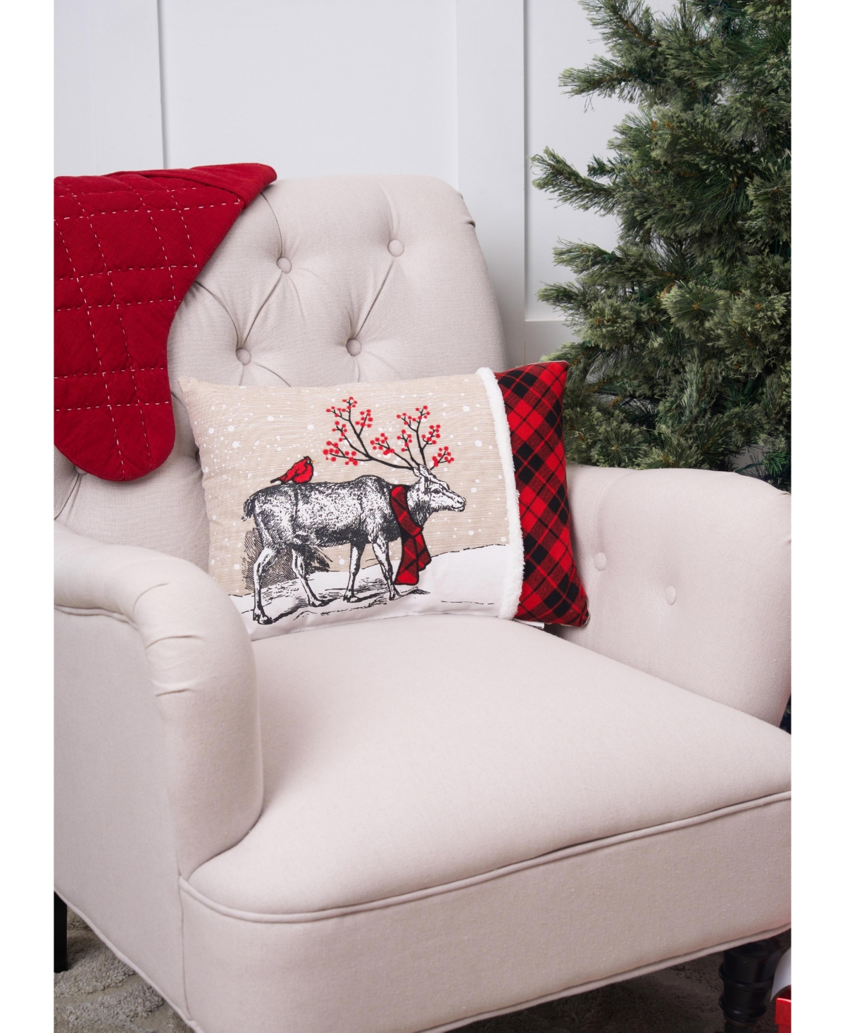 Christmas Deer Embroidered and Printed Throw Pillow, 13" x 18"