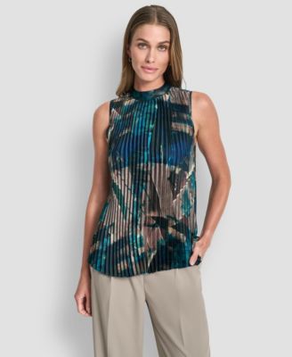 DKNY - Women's Pleated Funnel Neck Sleeveless Blouse