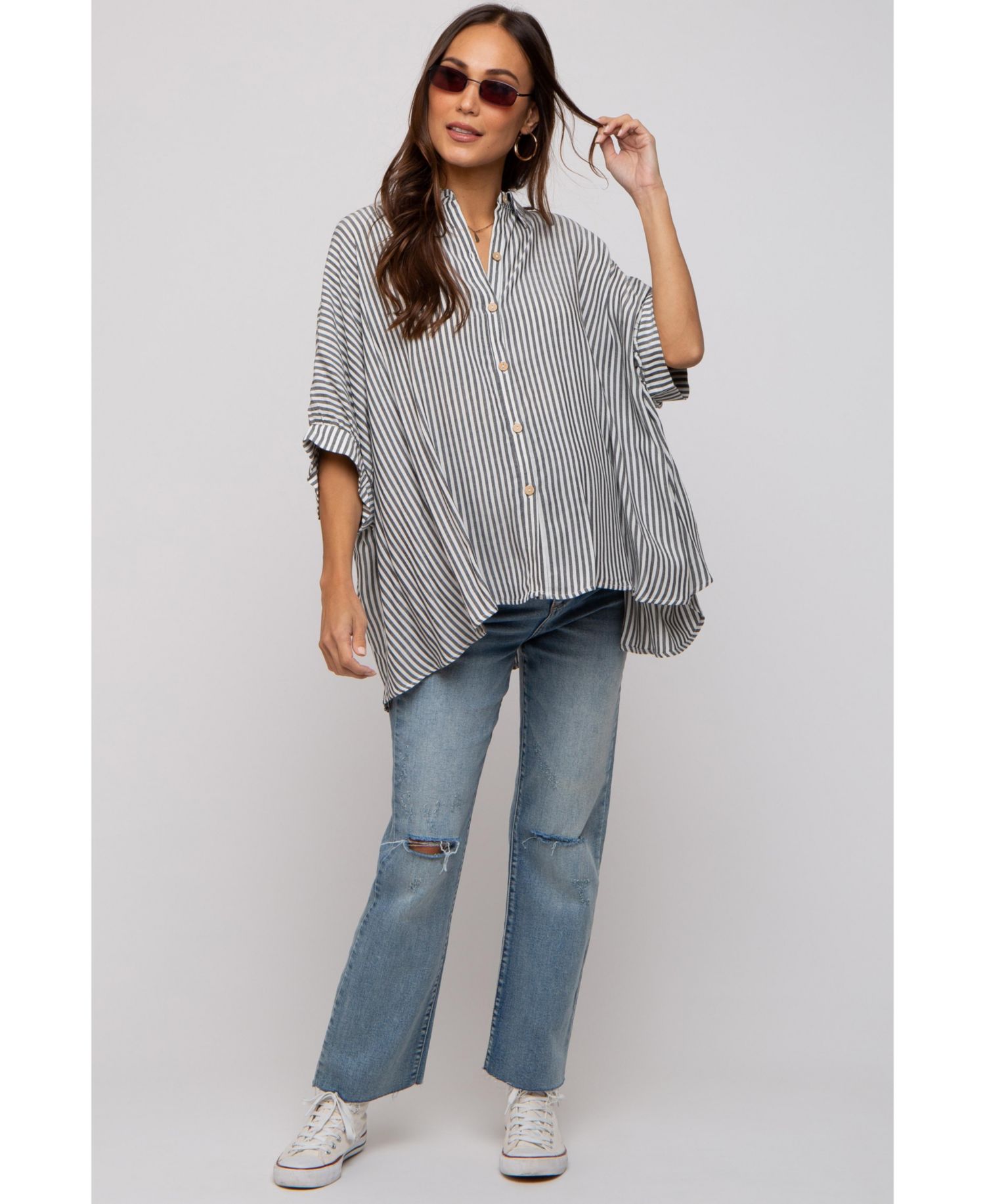 Women's Striped Button Up Dolman Top