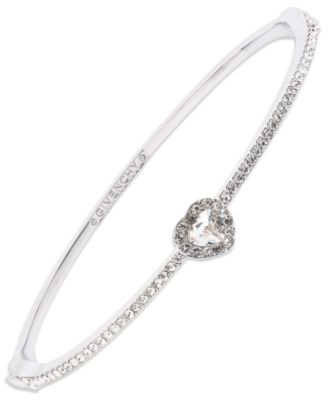 Glass Stone Gold-Tone or Silver-Tone Heart Bangle Bracelet