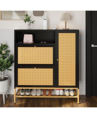 Shoe Storage Cabinet with 2 Flip Drawers - Hidden Shoe Organizer for Entryway, Metal Shoe Rack with Door &amp; Open Storage