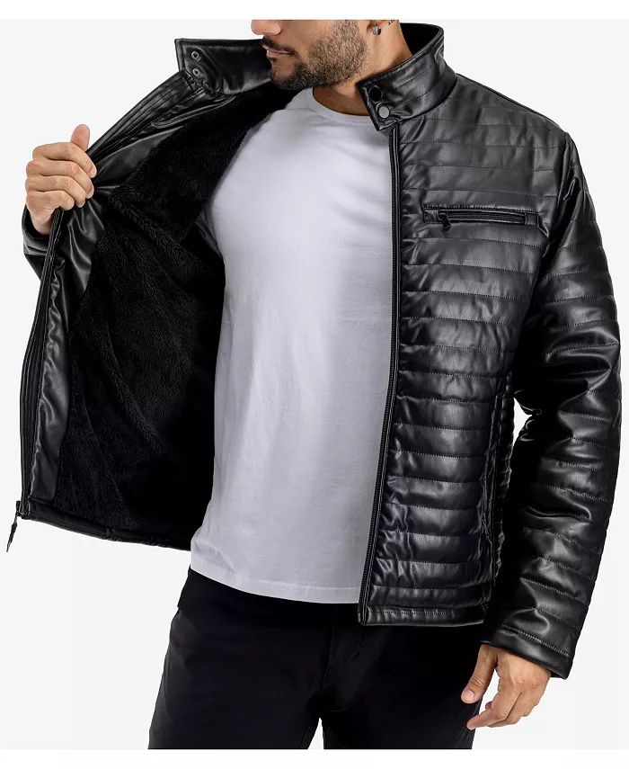 Men's PU Quilted Jacket With Faux Shearling Lining - thumbnail 6