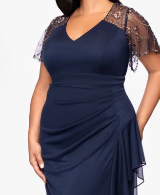 Plus Size Beaded Flutter Short Sleeves Long Dress