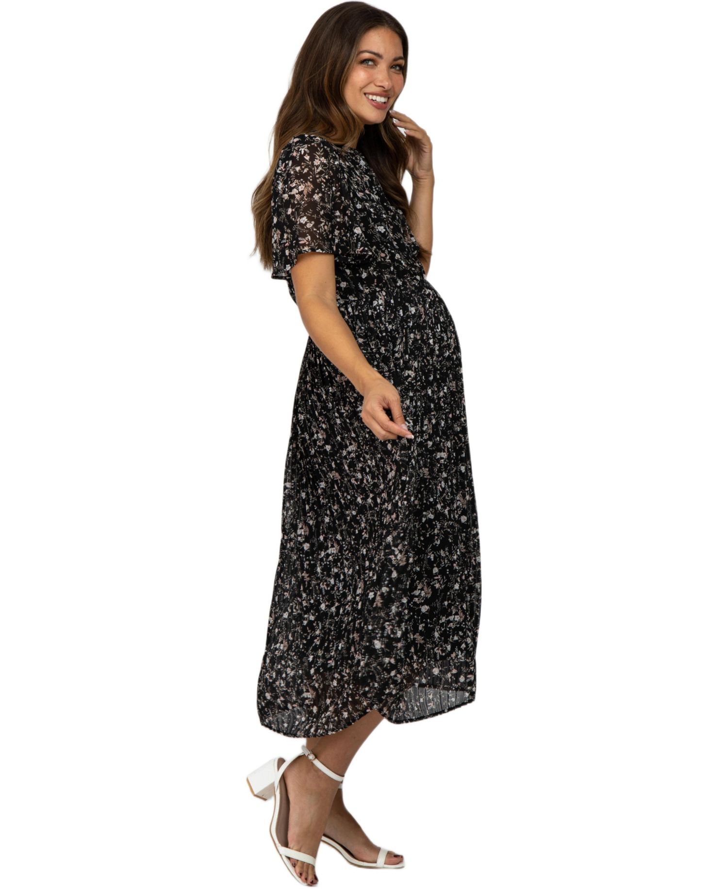Women's Black Floral Pleated Short Sleeve Chiffon Midi Dress