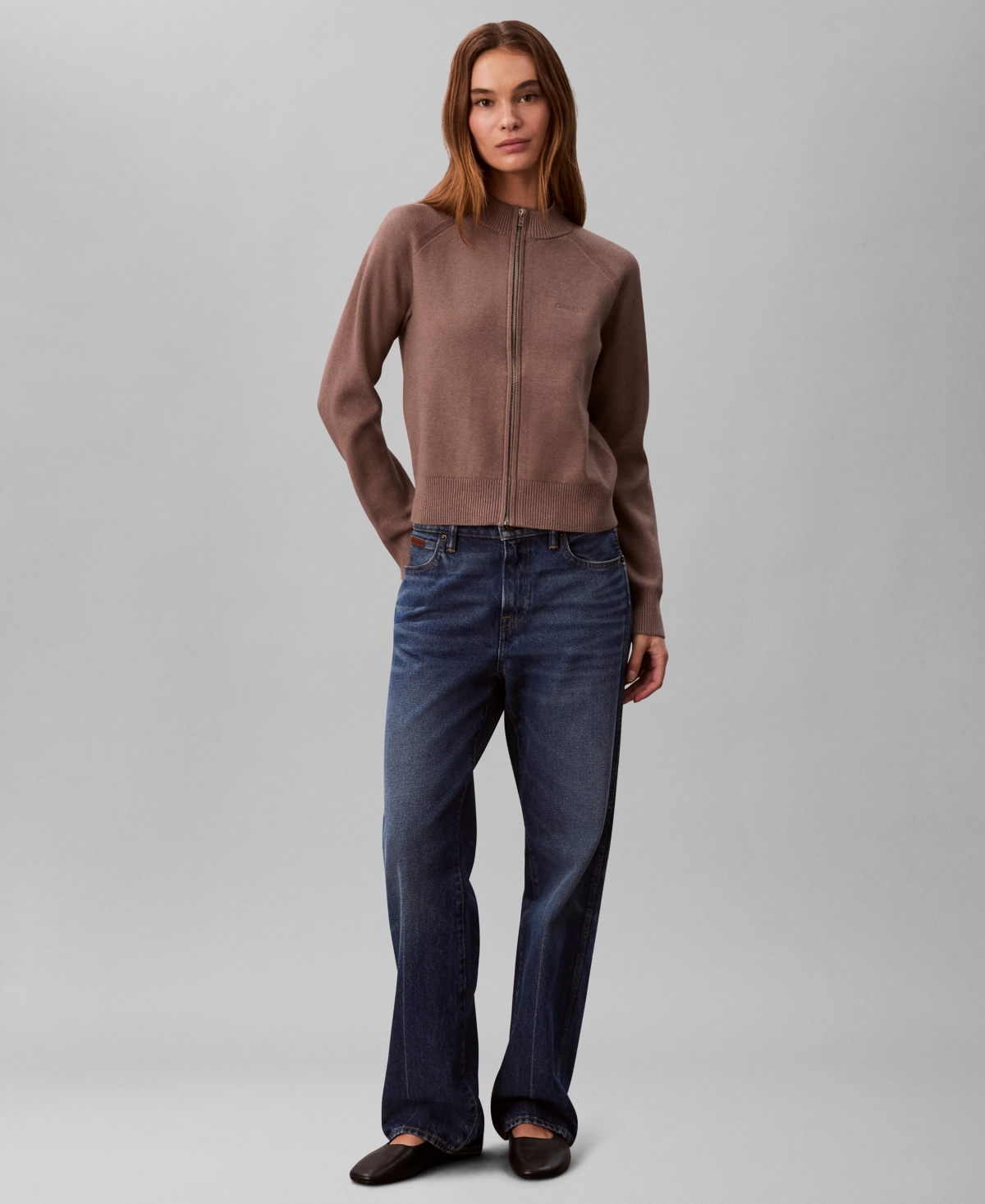Calvin Klein Jeans Est.1978 Women's Technical Long Sleeve Mock Neck Cardigan Sweater In Brown