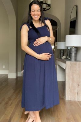 Maternity Navy Blue Smocked Tie Strap Midi Dress