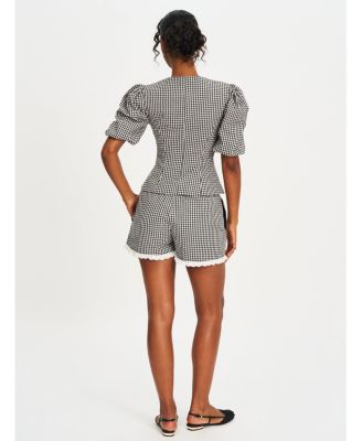 Women's Qusayla Black Gingham Bubble Sleeve Bowtie Top