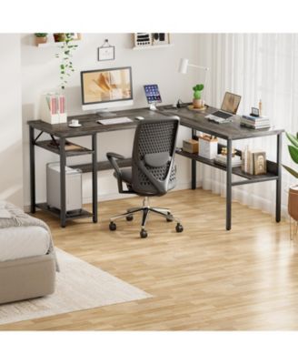 47.2'' MDF, Metal L-Shaped Desk with Power Outlet and Shelf, Reversible Desk