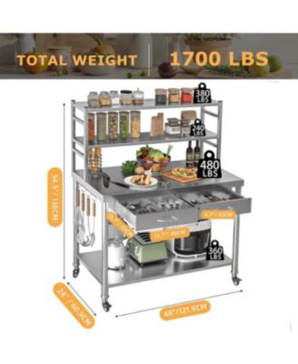 48"x24" 201 Stainless Steel 2 Shelves, 2 Drawers, 1700 lb Capacity, Locking Wheels Commercial Prep Table