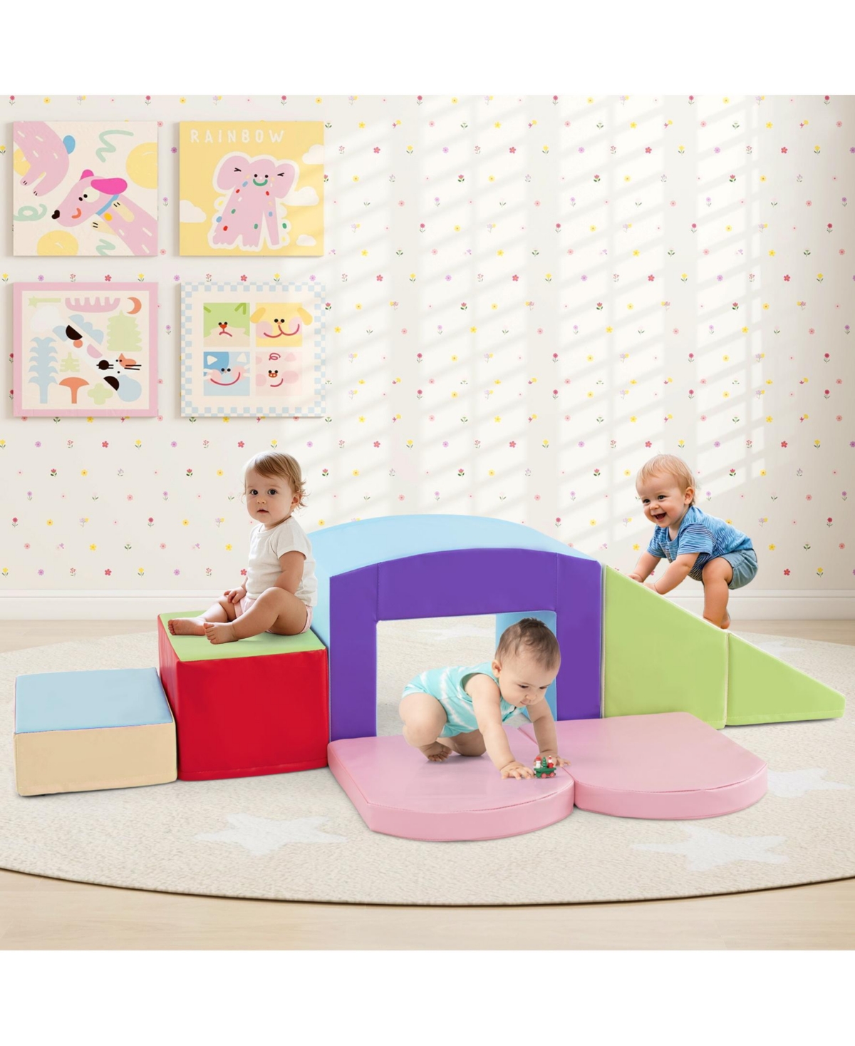 Sugift 6 Pieces Foam Climbing Blocks Soft Play Climbing for Toddlers with Tunnel