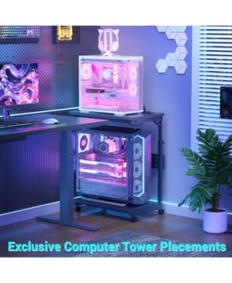 Height Adjustable Computer Tower Stand with Charging Station, Mobile Rolling CPU Holder with Wheels