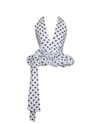 Women's Ilene White and Black Polka Dot Bubble Hem Halter Top