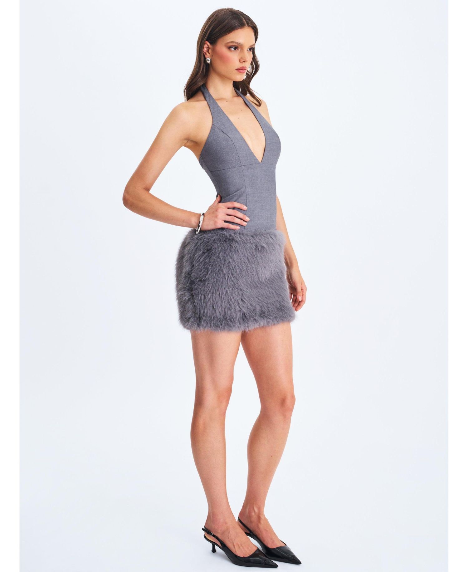 Women's Daisy Grey Drop Waist Faux Fur Trim Halter Mini Dress