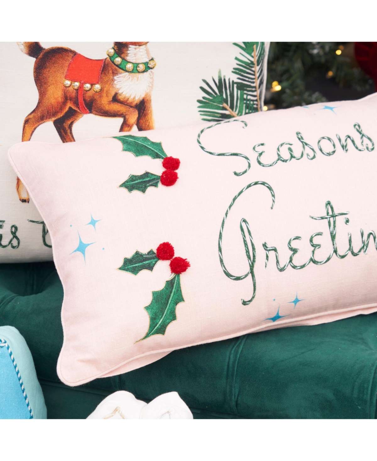 Holly Leaves & Berries "Seasons Greetings" Cotton Blend Accent Pillow 12" x 24"