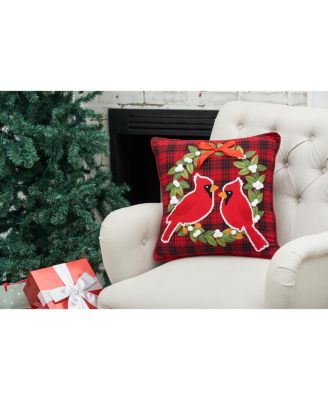Red Cardinal on Holly Wreath Plaid Cotton Blend Christmas Tufted Accent Throw Pillow 18" x 18"