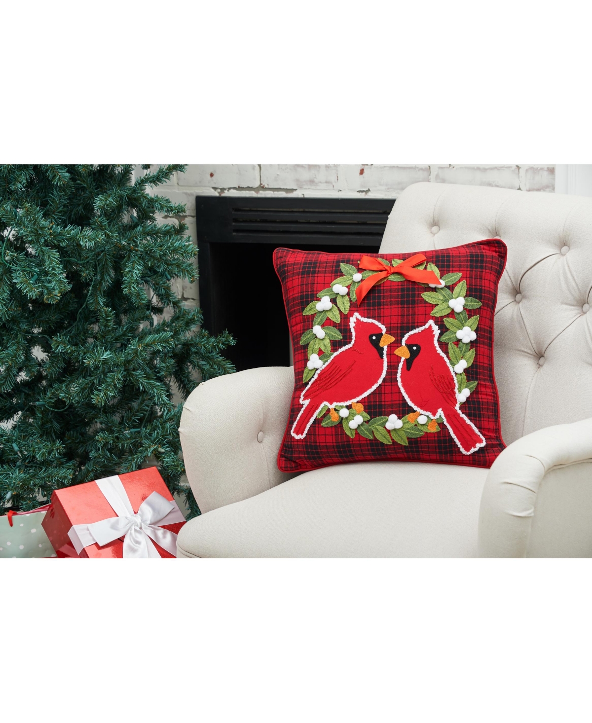 Red Cardinal on Holly Wreath Plaid Cotton Blend Christmas Tufted Accent Throw Pillow 18" x 18"