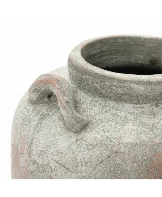 Rustic Old-World Gray with Brown 13.4-Inch Tall Round Terracotta Jug Vase with Handles