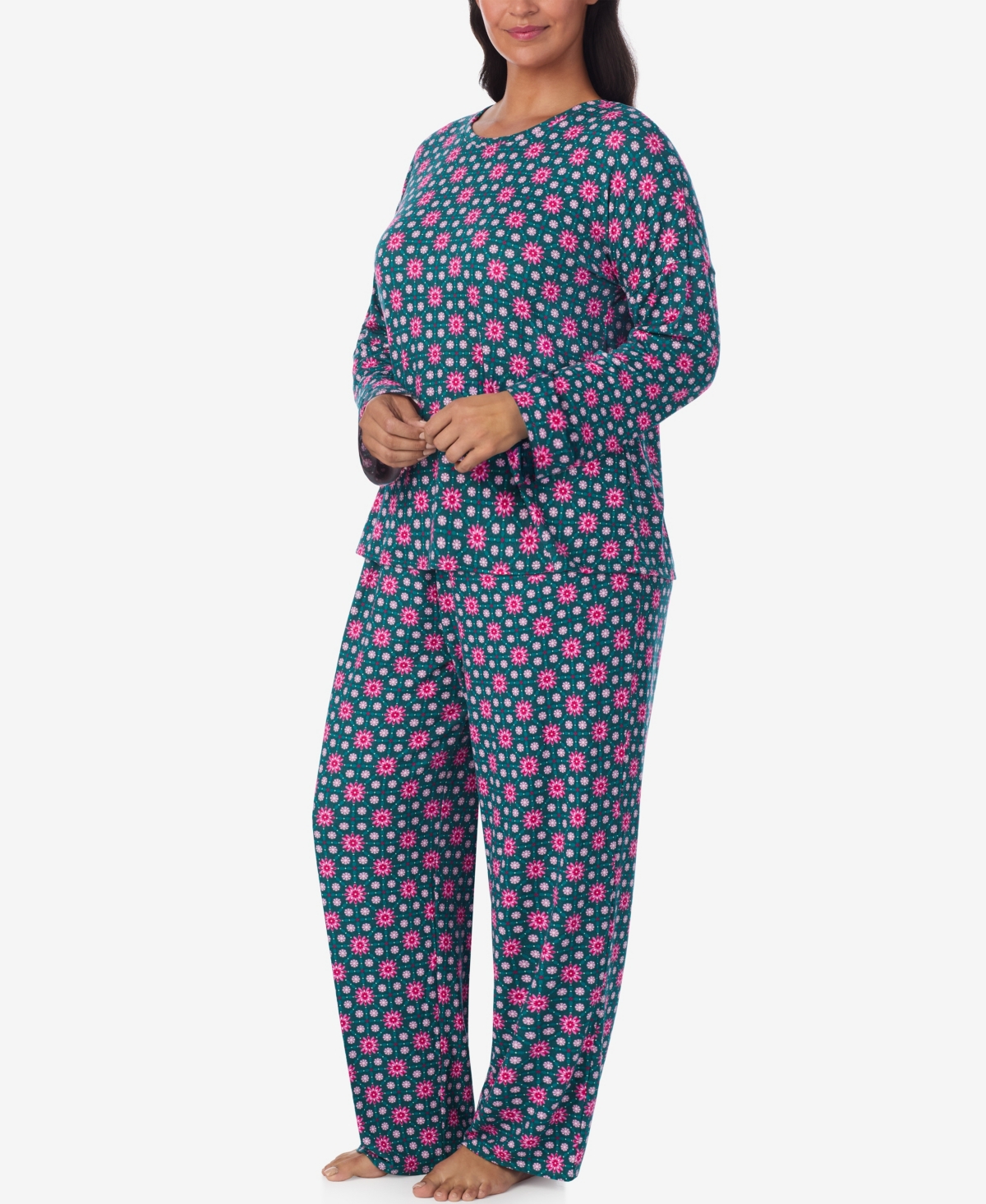 Ellen Tracy Plus Size Printed Round Neck Top And Pants Pajama Set In Blue