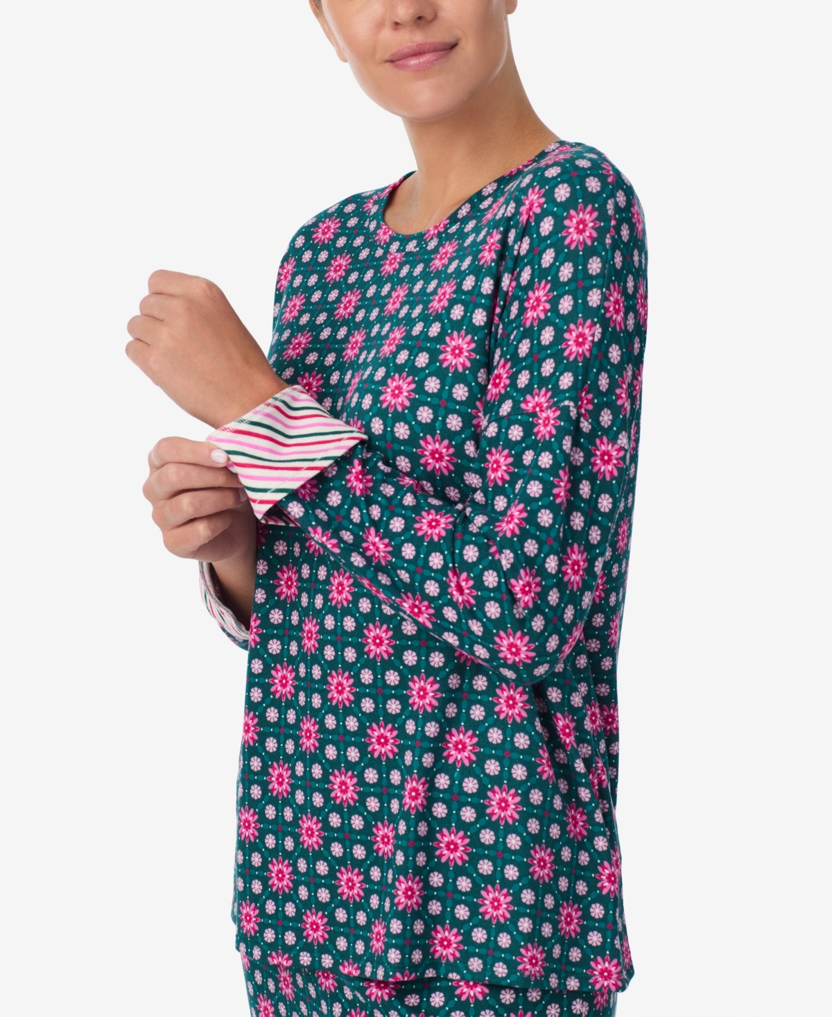 Ellen Tracy Women's Printed Round Neck Top And Pants Pajama Set In Green