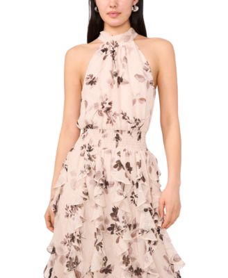 Women's Floral Smocked Cascade-Ruffle Halter Maxi Dress