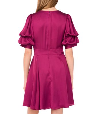 Women's V-Neck Tiered Bubble Puff Sleeve Mini Dress