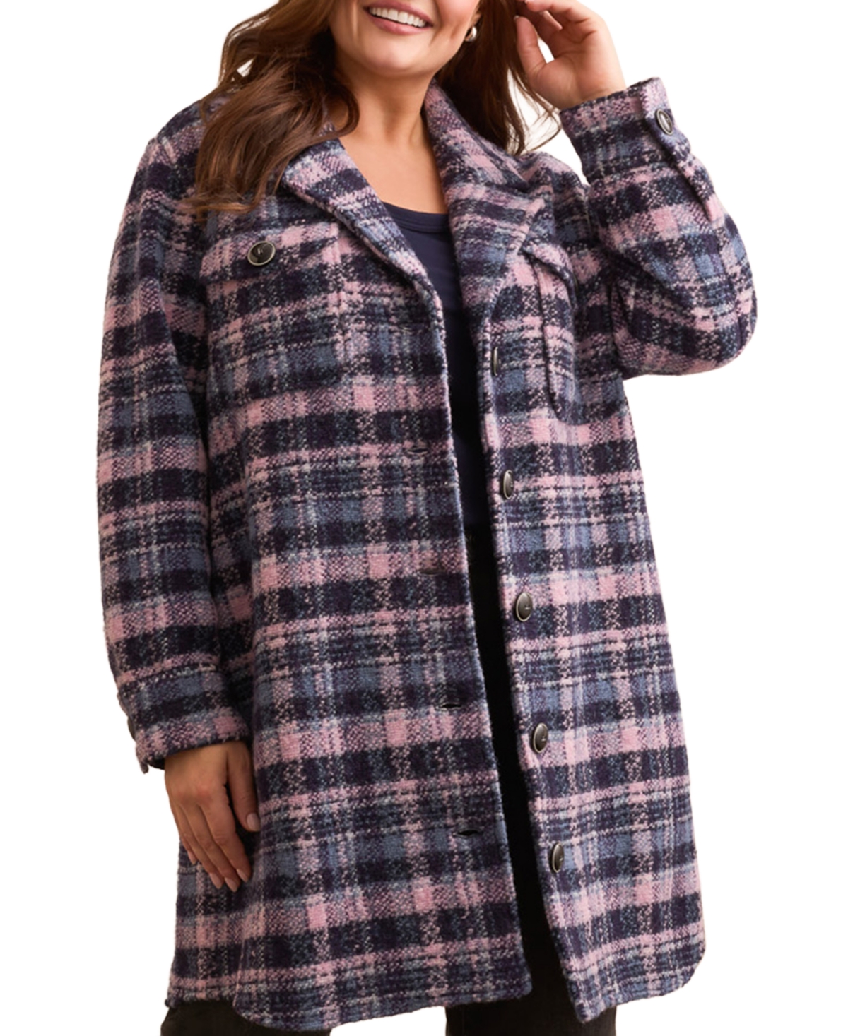 Tribal Plus Size Knit Plaid Notch Collar Shirt Jacket In Purple