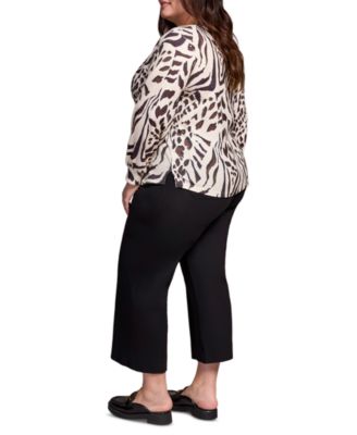 Plus Size Printed Long Sleeve Crew Neck Knit Top