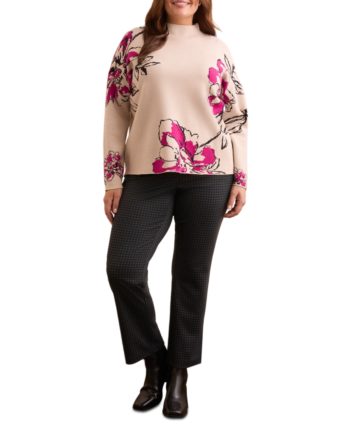 Tribal Plus Size Knit Jacquard Funnel Neck Sweater In Pink