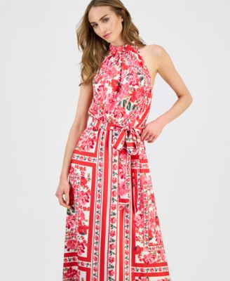 Women's Printed Halter Belted Maxi Dress