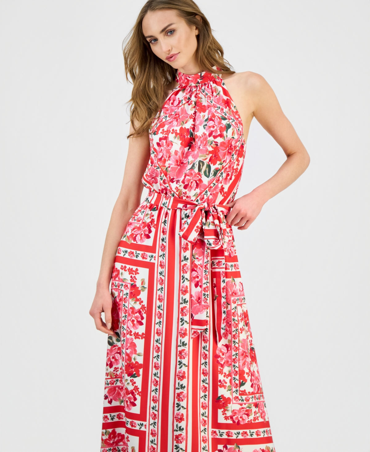Anne Klein Women's Printed Halter Belted Maxi Dress