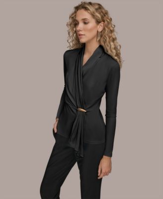 Women's Long Sleeve Faux Wrap Knit Top