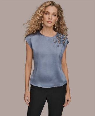 Women's Cap Sleeve Floral Cutout Satin Blouse