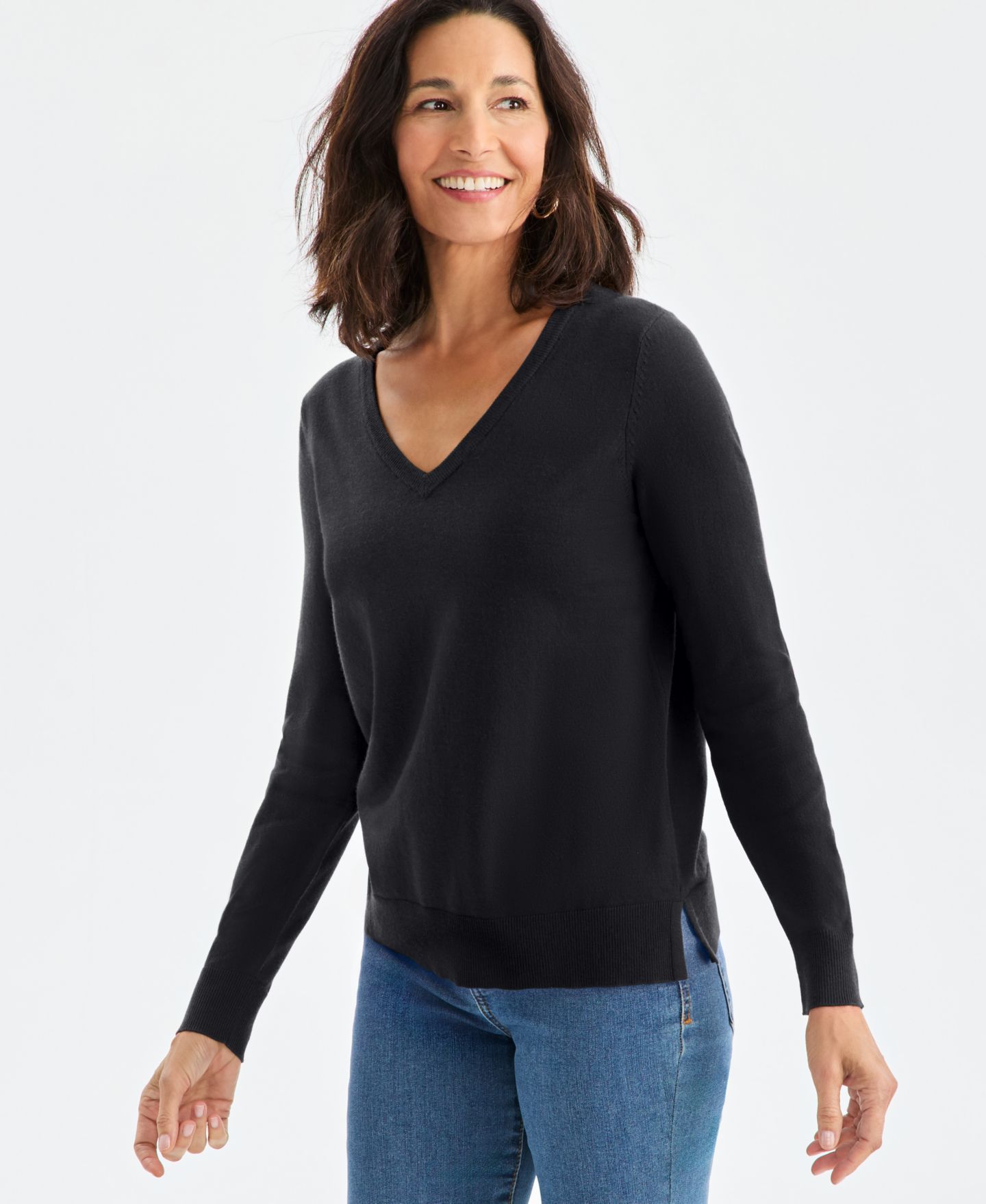 Женский свитер Style & Co V-Neck Long-Sleeve, цвет: Глубокий чёрный — фото 3