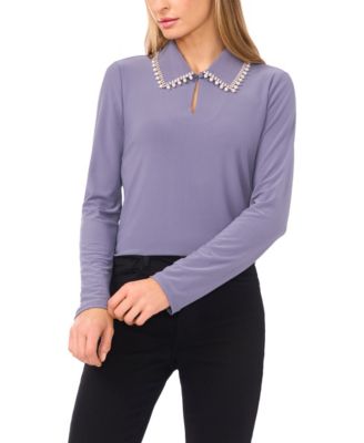 CeCe - Women's Rhinestone Embellished Long Sleeve Collared Top