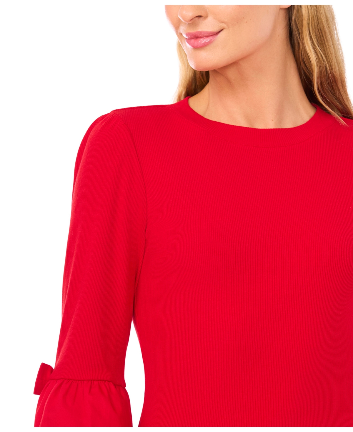 Cece Women's Mix Media Rib Knit Balloon Long Sleeve Blouse In Red