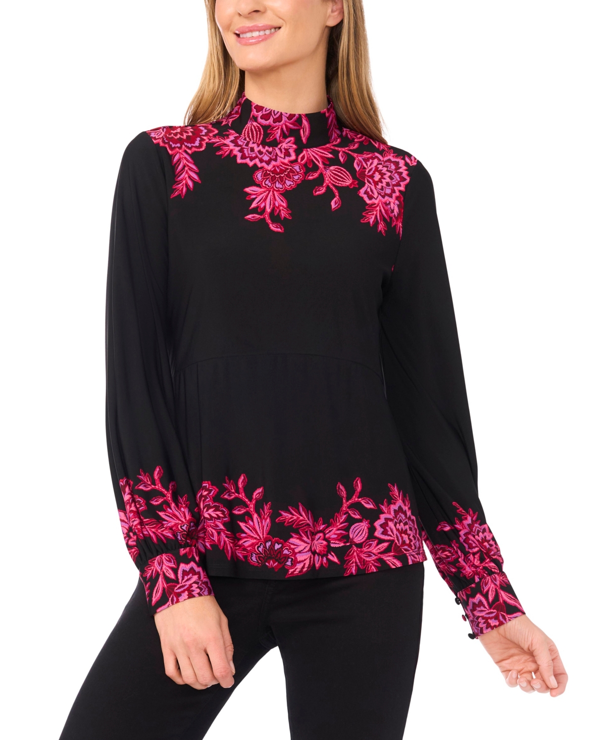 CeCe Women's Border Print Long Sleeve Mock Neck Top