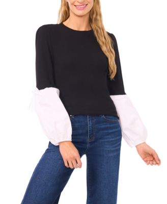 Women's Mix Media Rib Knit Balloon Long Sleeve Blouse