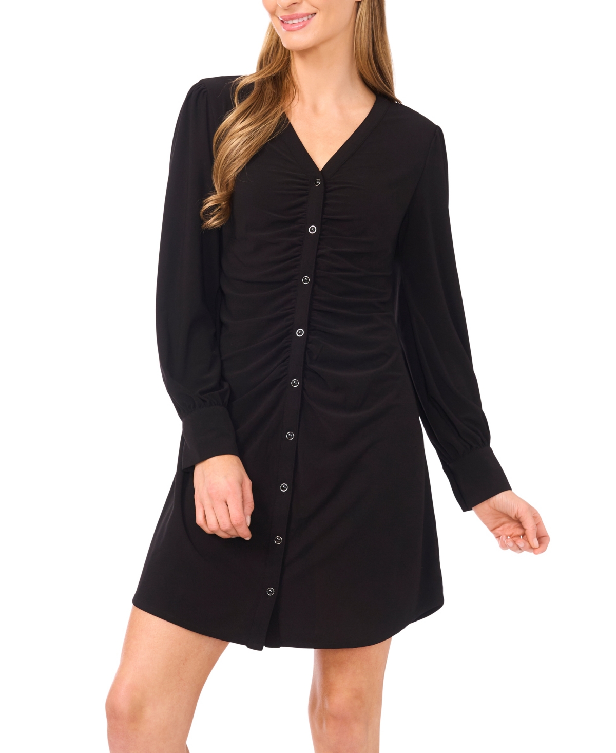 Cece Shirred Front Button Long Sleeve Dress In Black