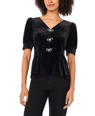 CeCe - Women's Velvet Bow Short Sleeve V-Neck Top