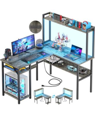 L Shaped Desk with Hutch, LED Lights, Reversible Corner Desk with Power Outlet