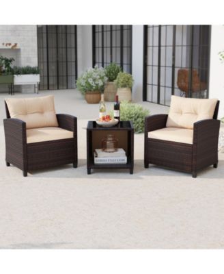 3-Piece Patio Furniture Set PE Rattan Conversation Set w/ Glass Coffee Table Outdoor