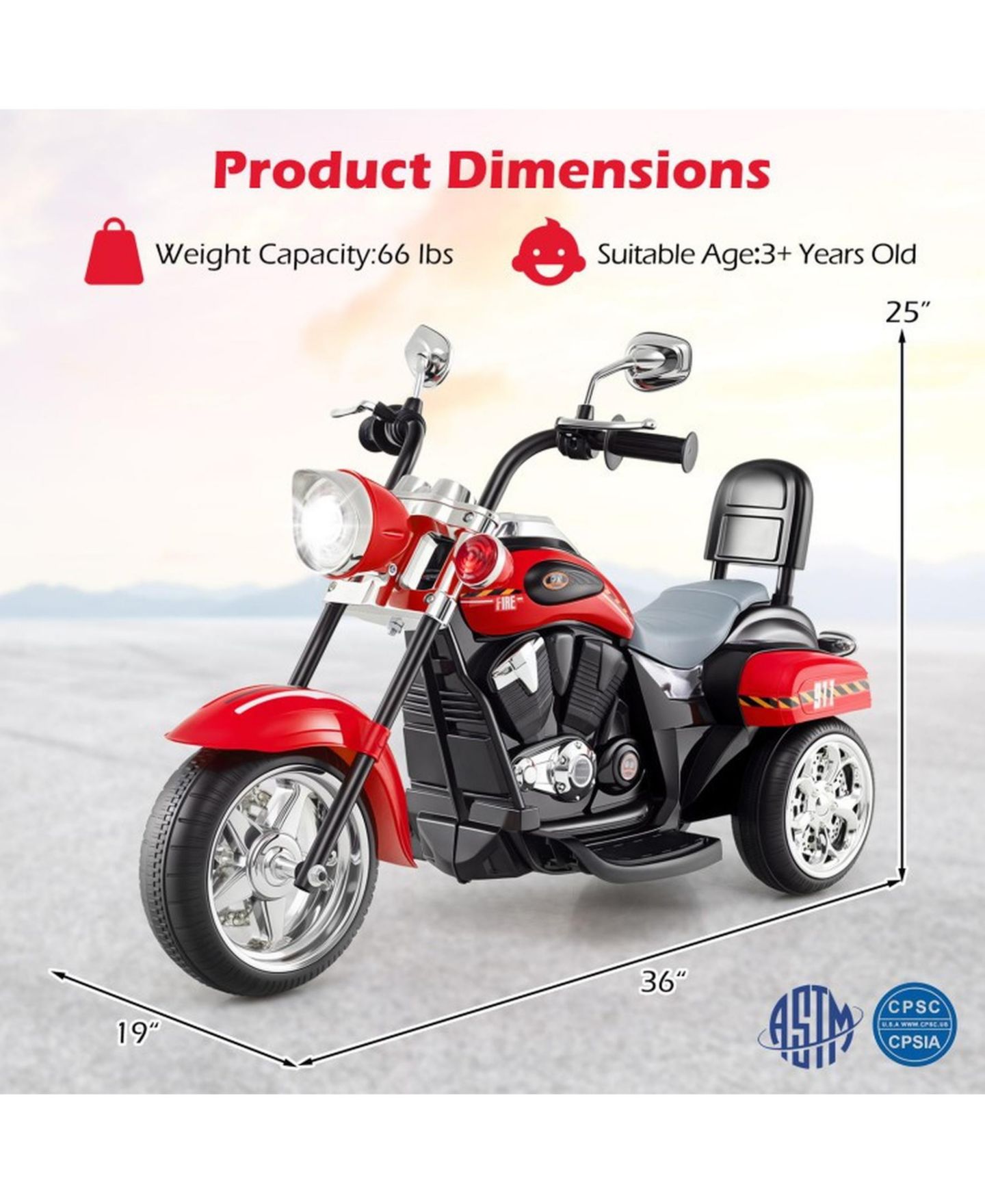 Детская игрушка SUGIFT Rechargeable 6V 3-Wheel Motorbike Ride-On Toy, 36"L x 19"W x 25"H, Ages 3+, цвет: Красный — фото 3