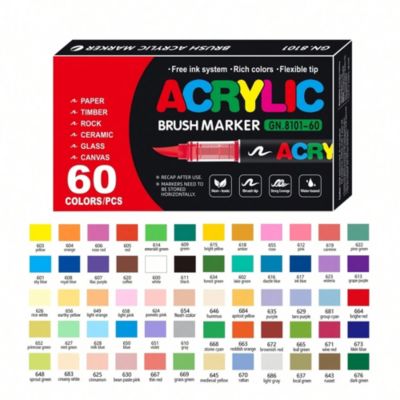 60 Colors Acrylic Paint Brush Markers Set, Water-Based Painting Art Pens for Canvas, Glass, Wood, Paper, Ceramic