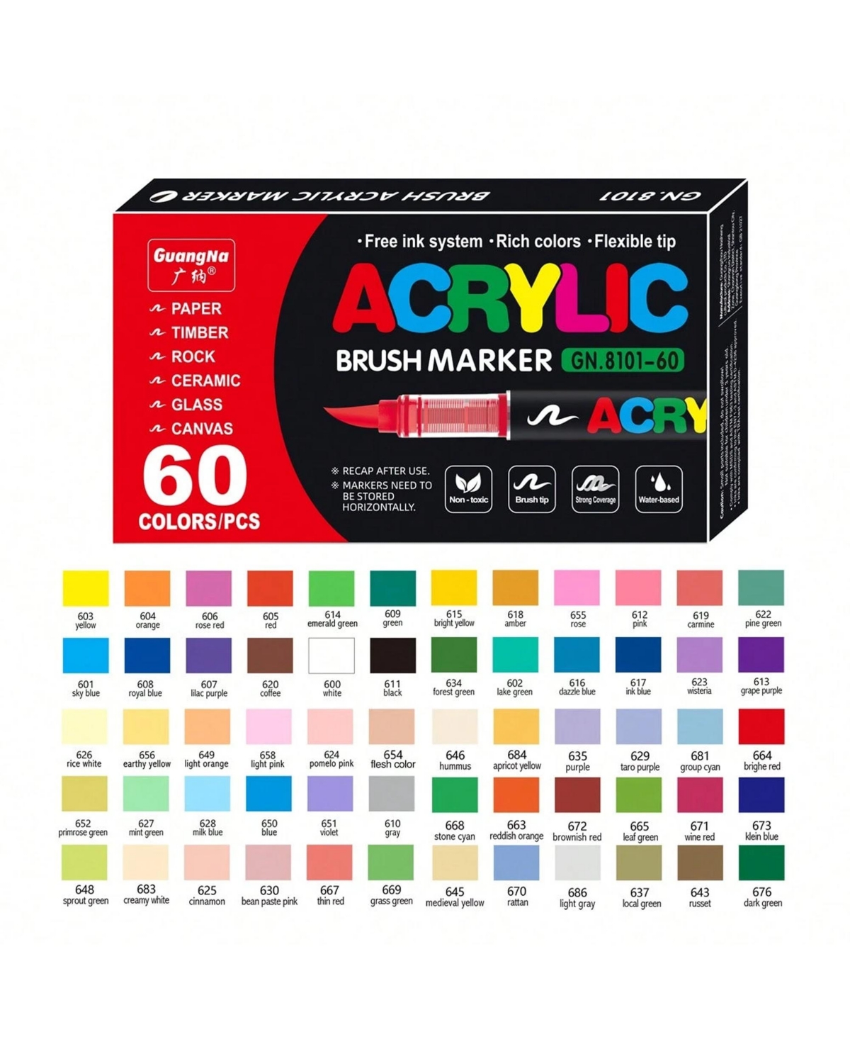Htutwoo 60 Colors Acrylic Paint Brush Markers Set, Water-Based Painting Art Pens for Canvas, Glass, Wood, Paper, Ceramic